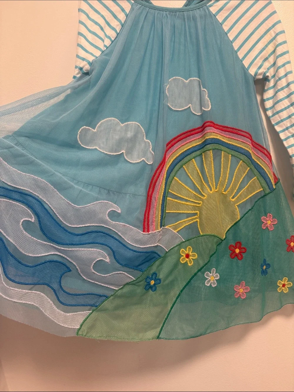 Mini Boden Teal Rainbow & Sun Long Sleeve Dress